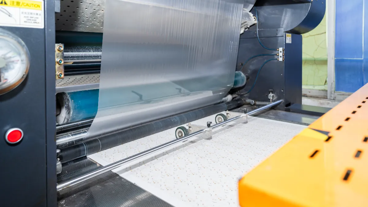Printed card sheets passing through a lamination machine under a clear film