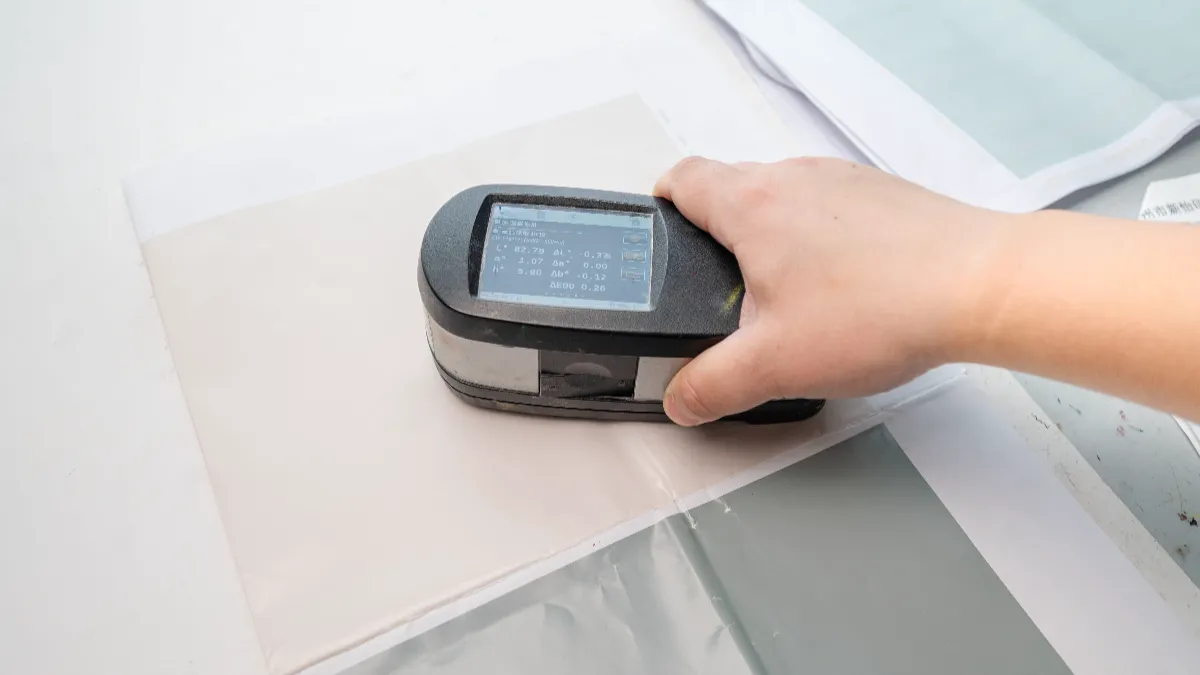 Hand holding a color reader over a sheet of printed board, with measured color values shown on the display