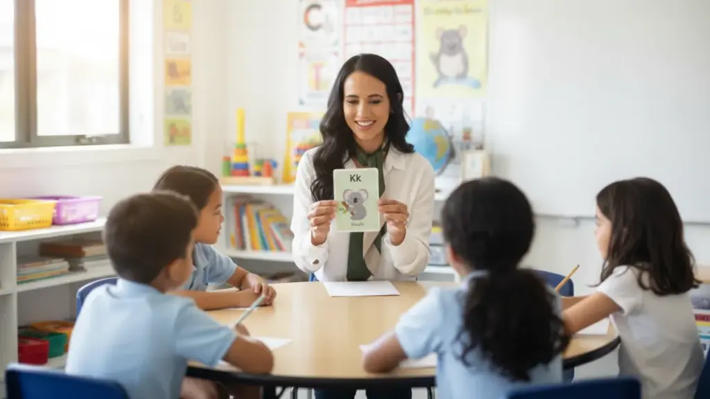 Teacher presenting animal flashcard during classroom language lesson