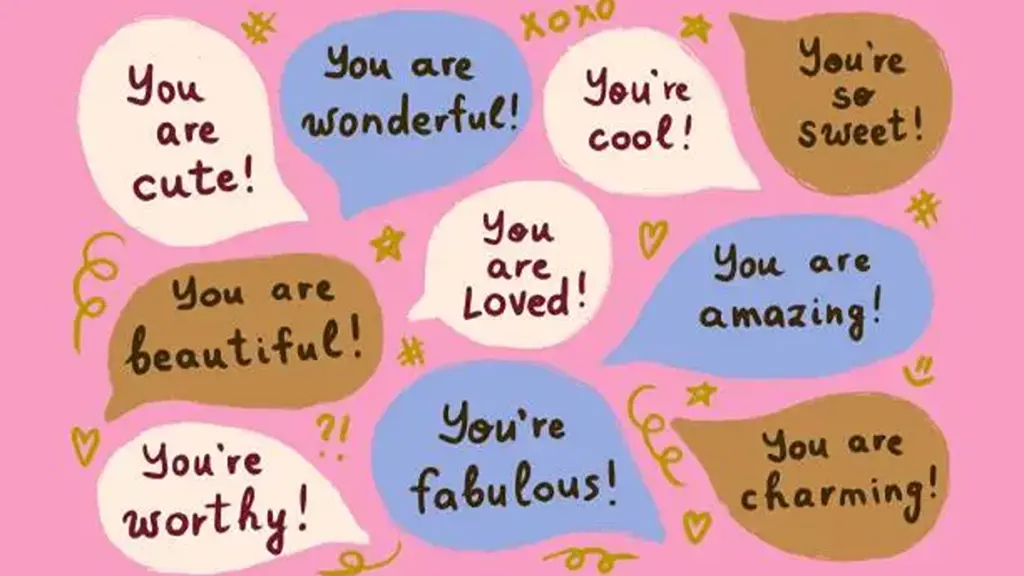 Set of speech bubbles with compliments, positive self-talk. Encouraging cute affirmations.