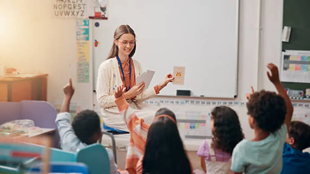 Teacher, children and flash cards with answer in lesson for animal questions