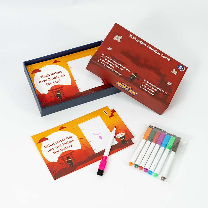 Wipe-clean educational cards with a whiteboard pen and a two-piece card box